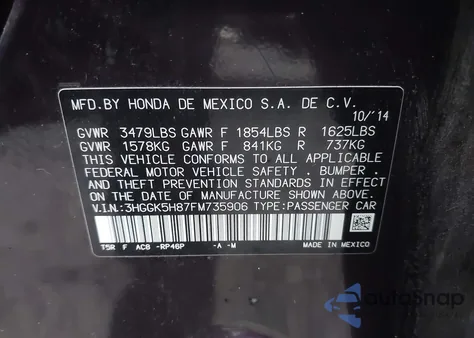 2015 Honda Fit Ex/Ex-L from USA, damaged, VIN 3HGGK5H87FM735906